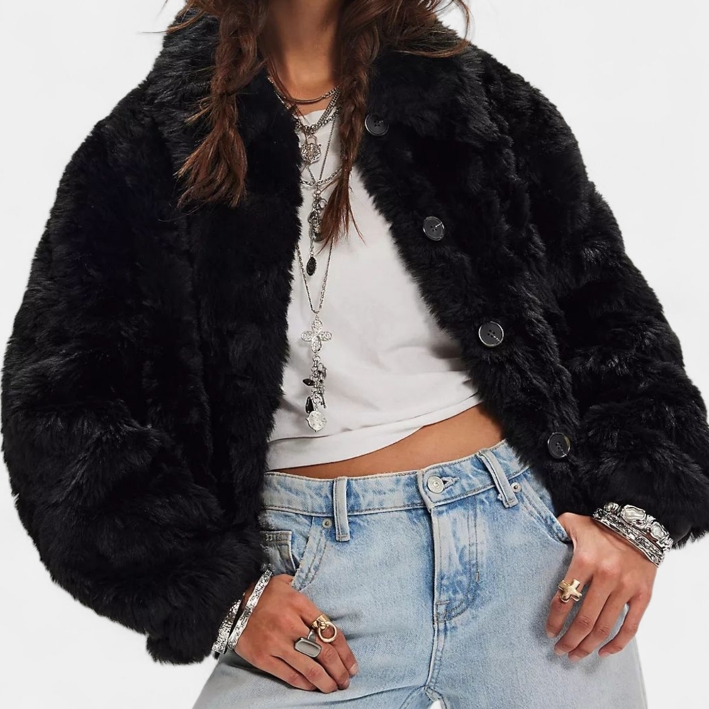 Free People Alice Throw On Faux Fur Jacket Teddy Coat Black Button S Small NWT